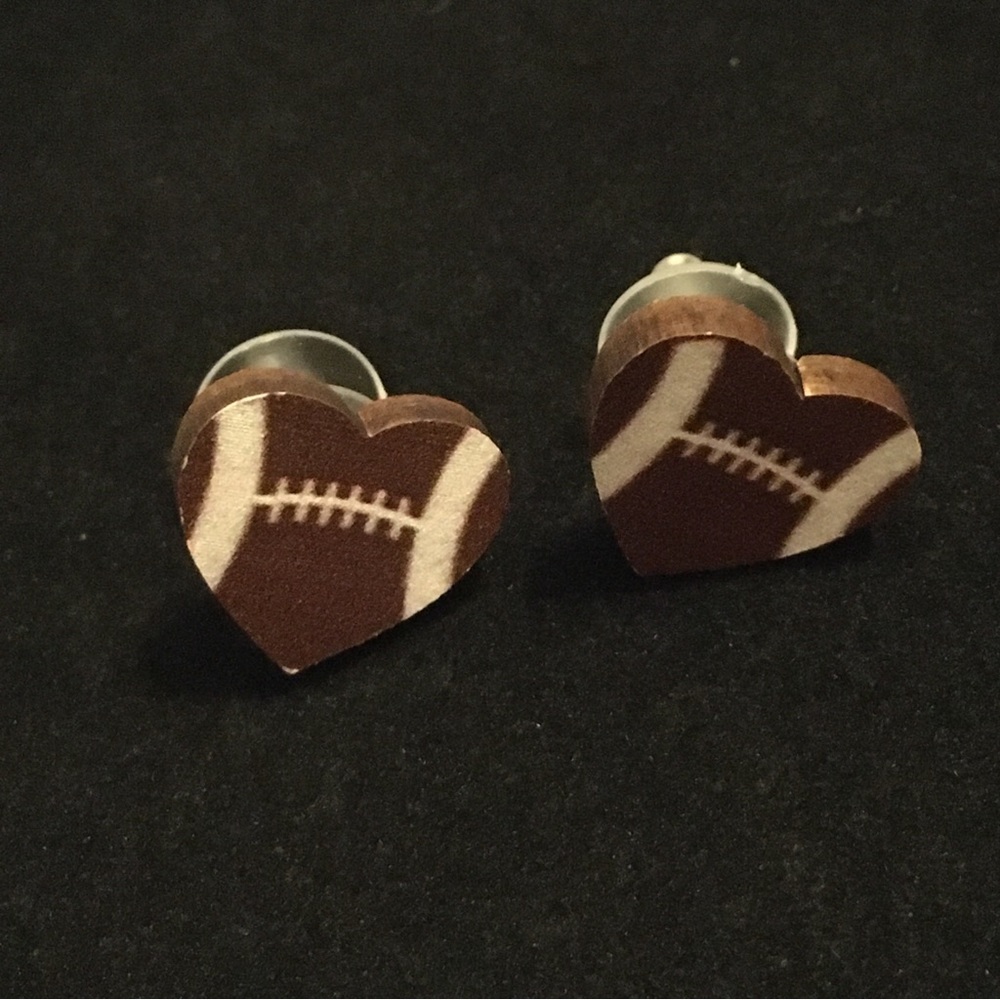 American Football Wooden Heart Shaped Earrings - Picture 3 of 5